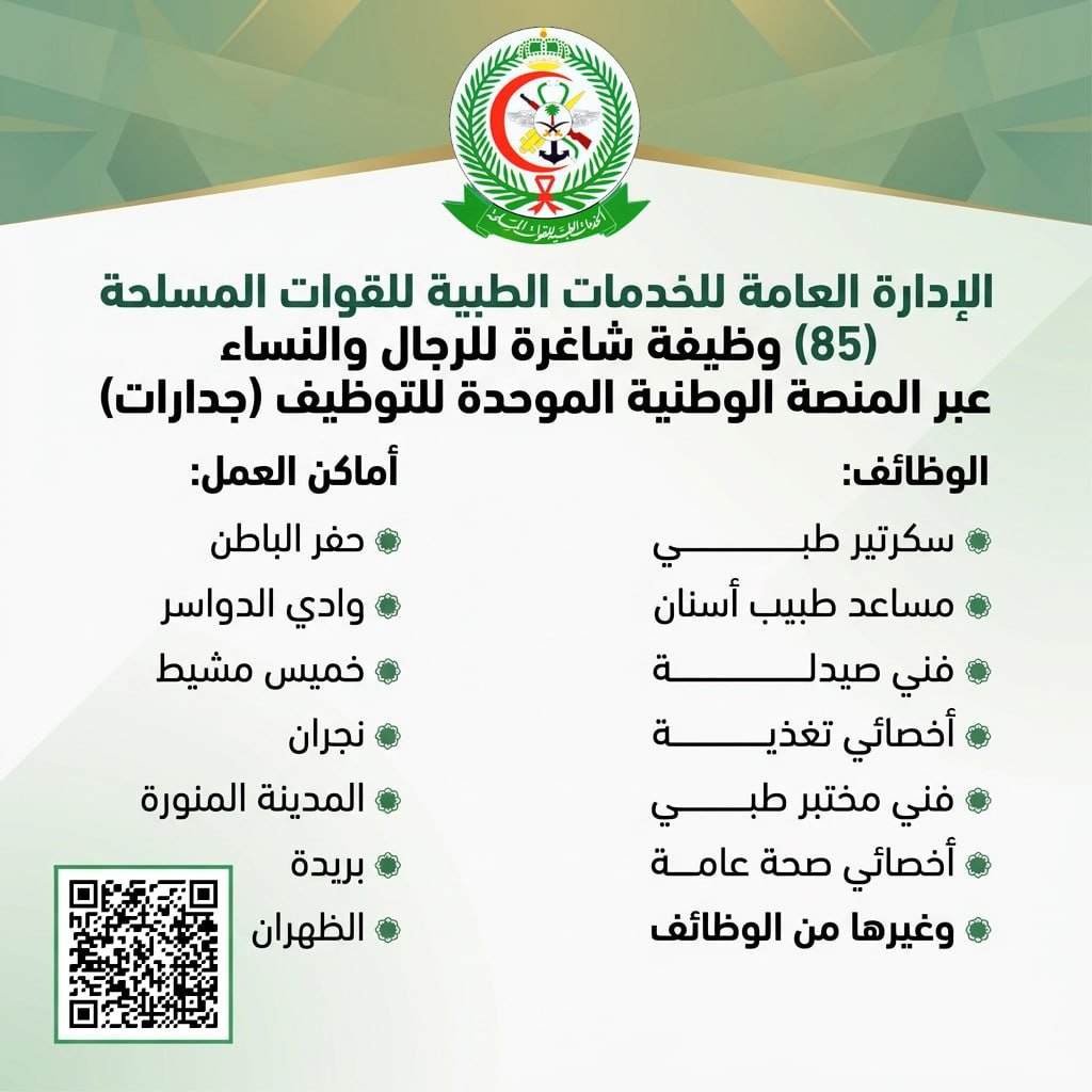(🔴) الخدمات الطبية (وزارة الدفاع) للقوات المسلحة (وظائف شاغرة بعدة مناطق بالمملكة):📍 […]
