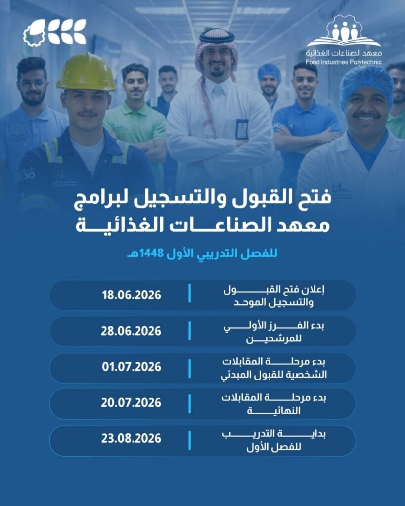 (🔴) معهد الصناعات الغذائية يعلن فتح القبول لبرامج الدبلوم (الفصل الأول ١٤٤٨هـ):▪️ الت […]