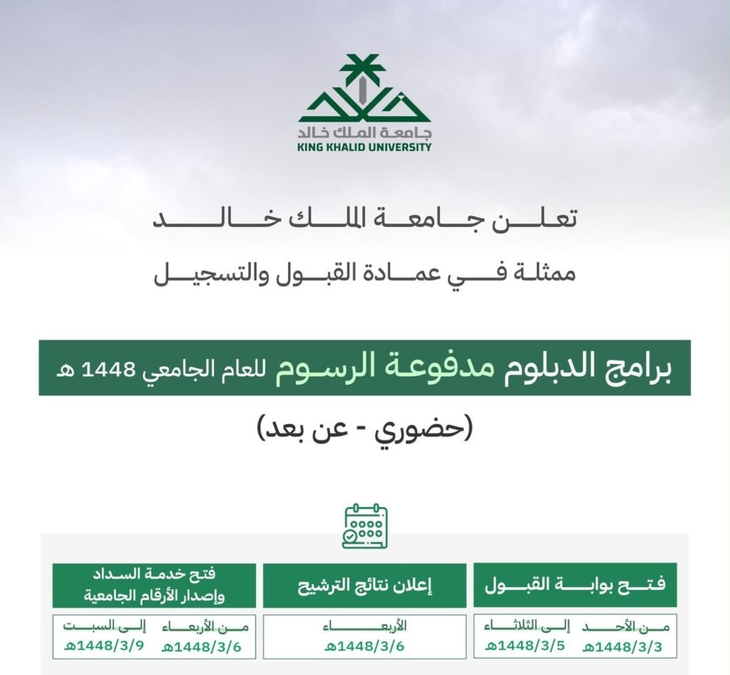 ⭕️ | (حضوري – عن بعد) جامعة الملك خالد تعلن برامج الدبلوم مدفوعة الرسوم للعام الجامعي […]