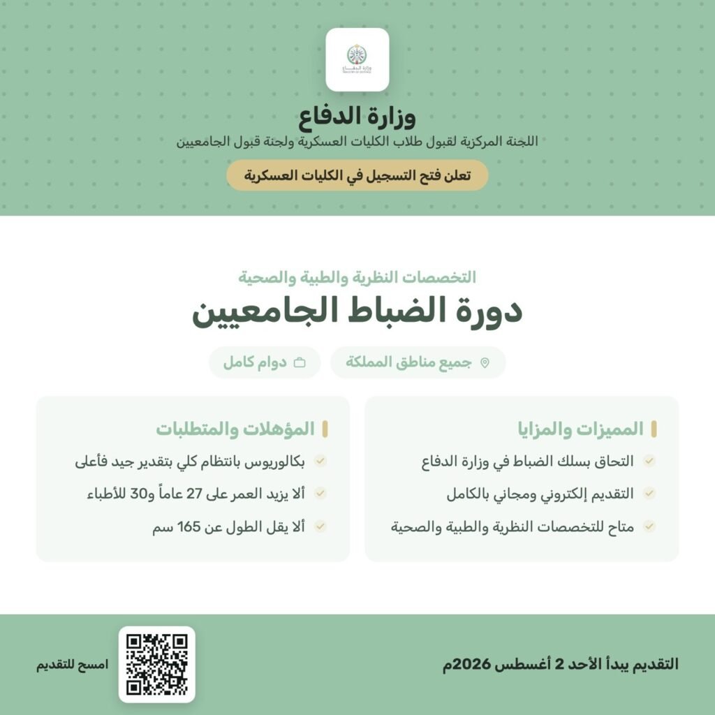 وزارة الدفاع تعلن فتح التسجيل في دورة الضباط الجامعيين بالكليات العسكرية 1448هـ🏛 وزارة […]