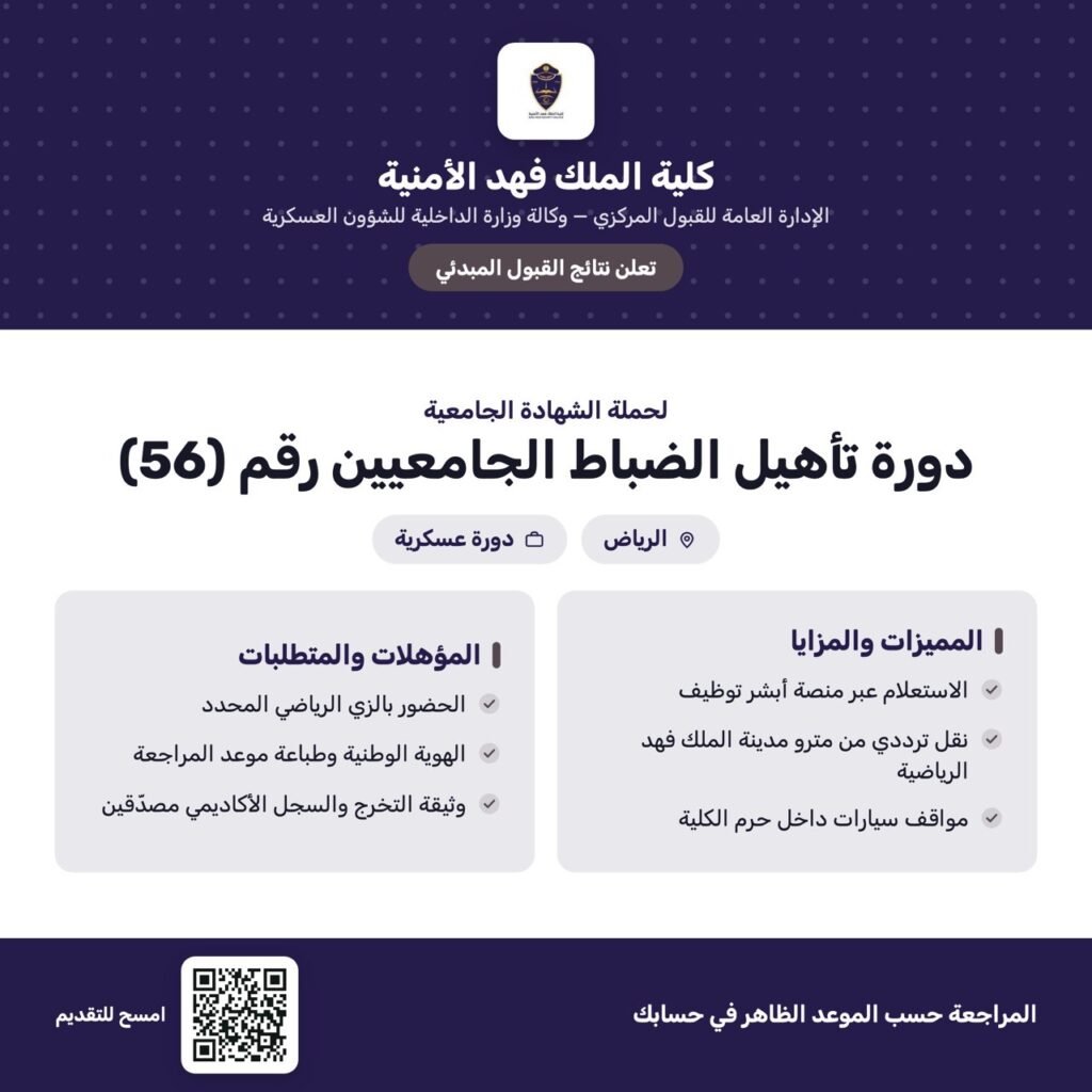 كلية الملك فهد الأمنية تعلن نتائج القبول المبدئي بدورة تأهيل الضباط الجامعيين رقم (56) […]