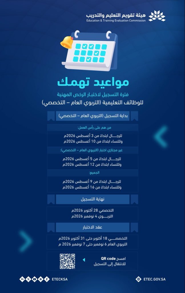 🔴 (هام) اختبارات الرخص المهنية للوظائف التعليمية لعام 2026م:✅ رابط التسجيل مباشر: ht […]