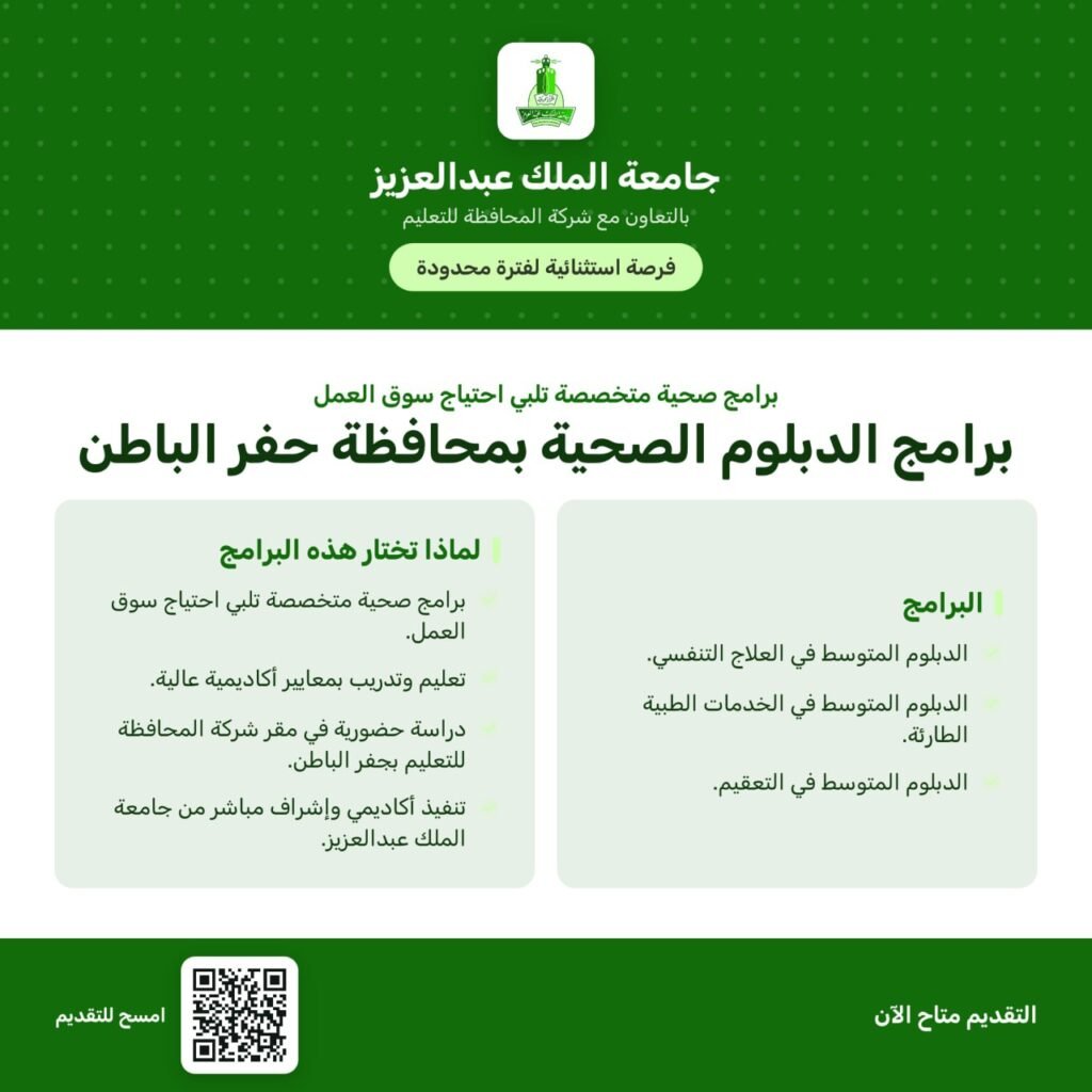 🔴 | جامعة الملك عبدالعزيز تعلن برامج الدبلوم الصحية بحفر الباطن بالتعاون مع شركة المح […]